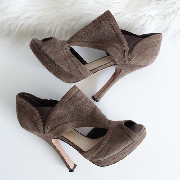 Prada Grey Suede Peep Toe Platform Pumps - Picture 1 of 15